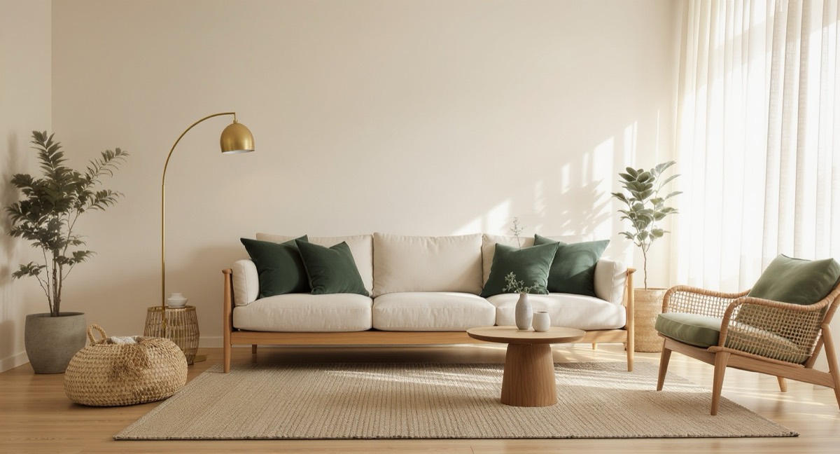 A styled living room with a flatweave rug, arc floor lamp and sheer curtains