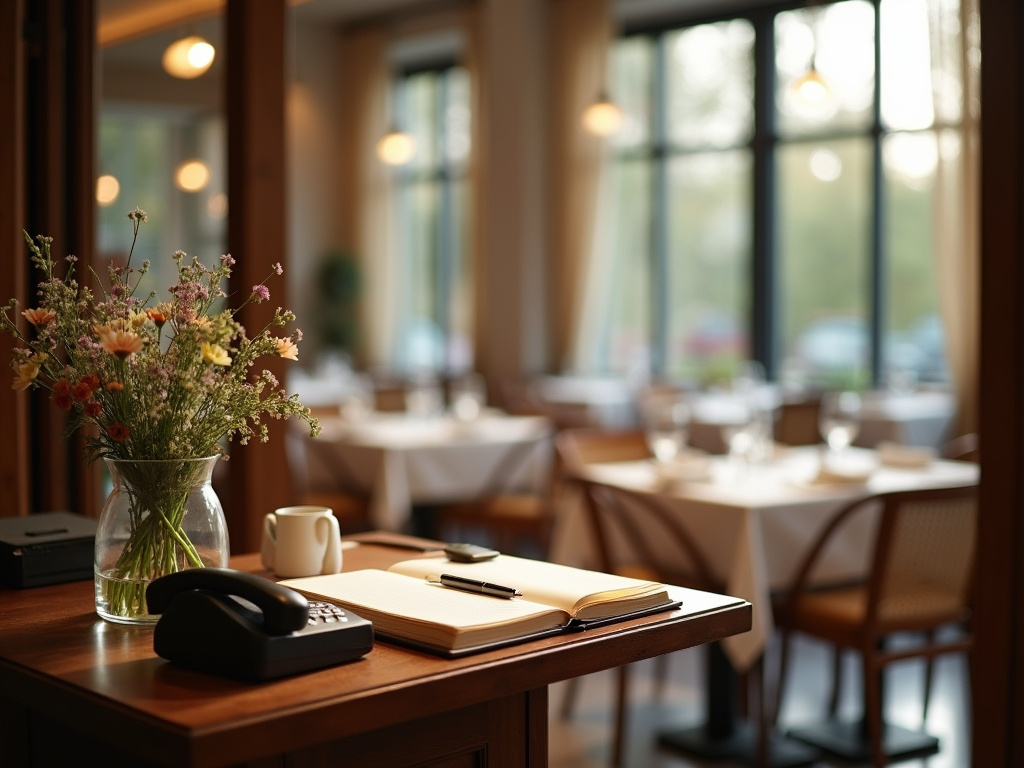 A restaurant host stand in daylight with an open reservation book, a desk telephone and a laid dining room behind