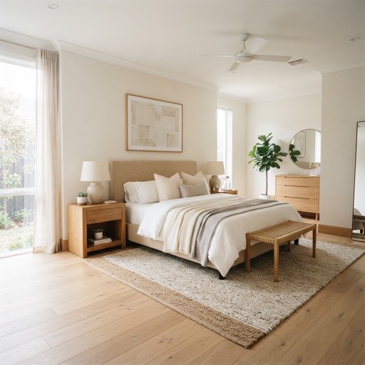 A furnished bedroom with bed, side tables and a rug