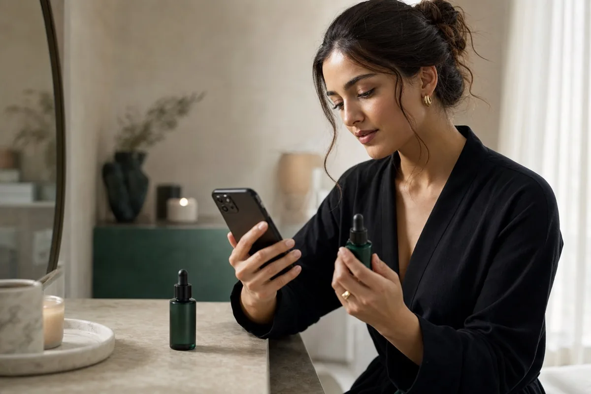 Shopper consulting the AI skincare assistant on her phone next to a serum bottle