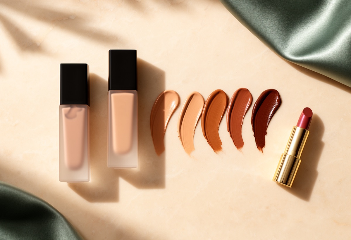 Foundation bottles beside a row of shade swatches from fair to deep