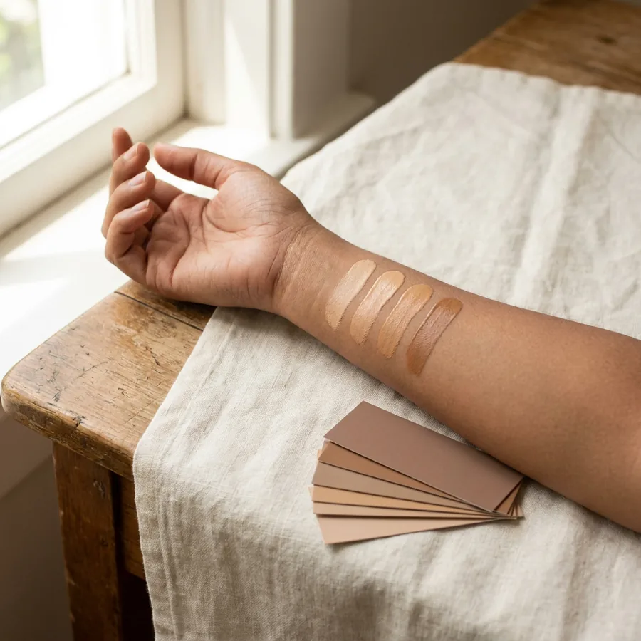 Four foundation swatches drawn along a forearm beside a fan of shade cards