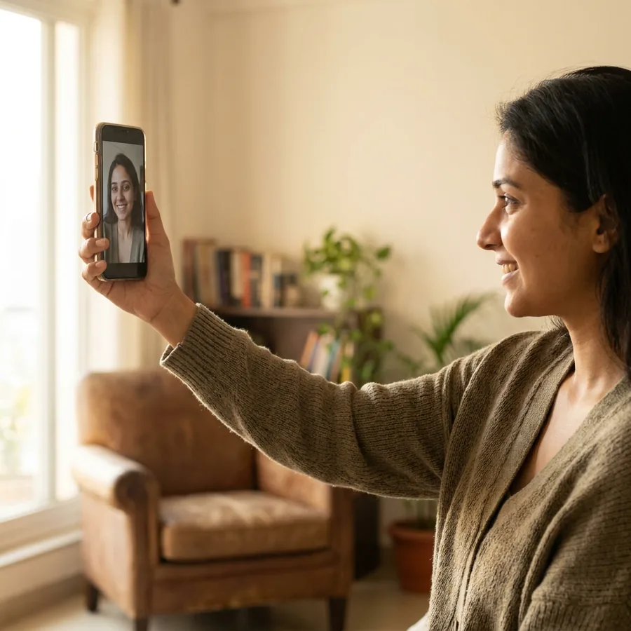 A woman photographing her own face on a phone in daylight by a window