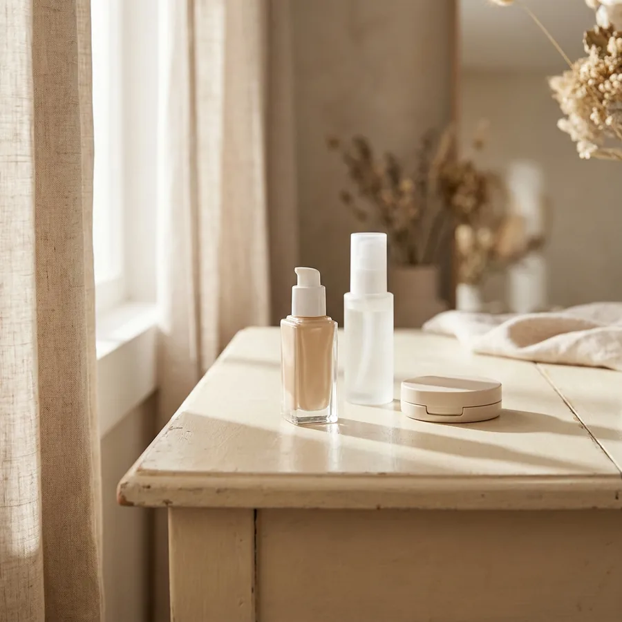 Three unbranded cosmetic bottles in daylight, one standing forward in sharper focus